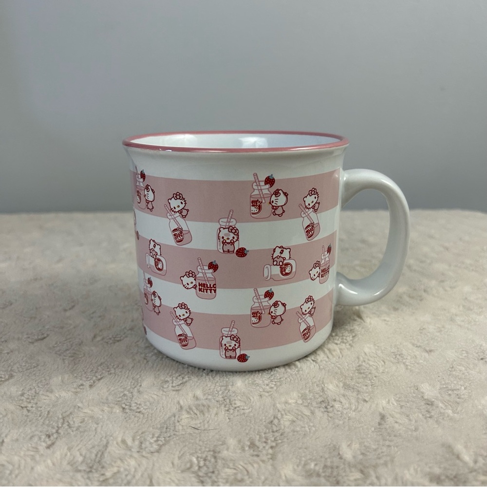 Hello Kitty Sanrio Strawberry Milk Coffee Mug Pink White Stripes Silver Buffalo
